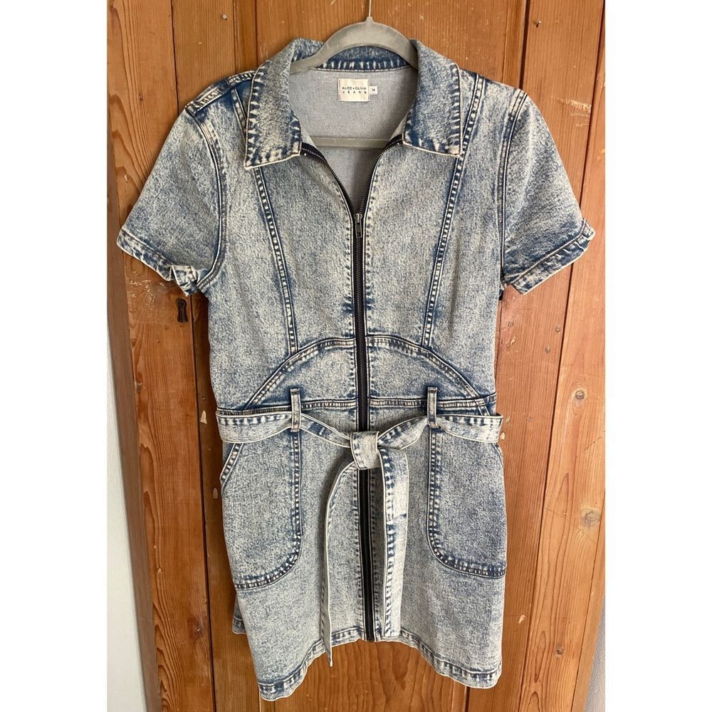 Alice + Olivia Denim Zip-Up Dress Belted Mini Dress
